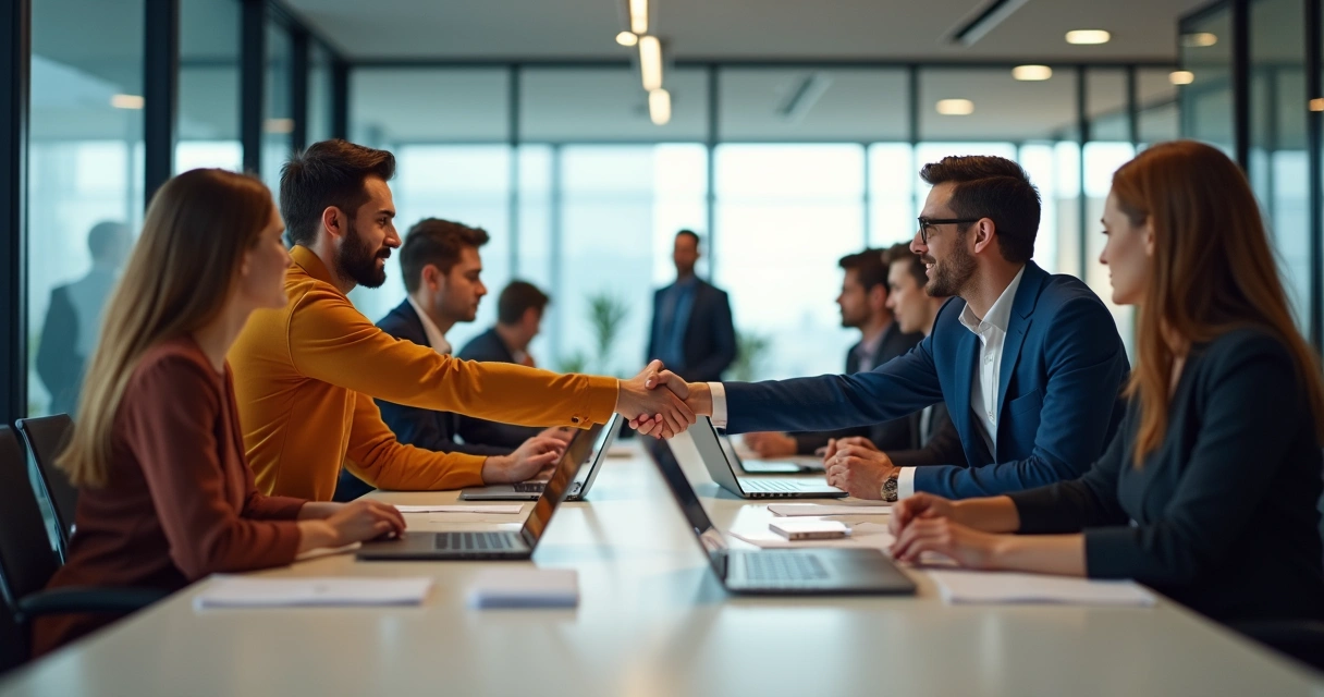 Duas equipes empresariais diferentes se cumprimentam em uma sala de reunião moderna 