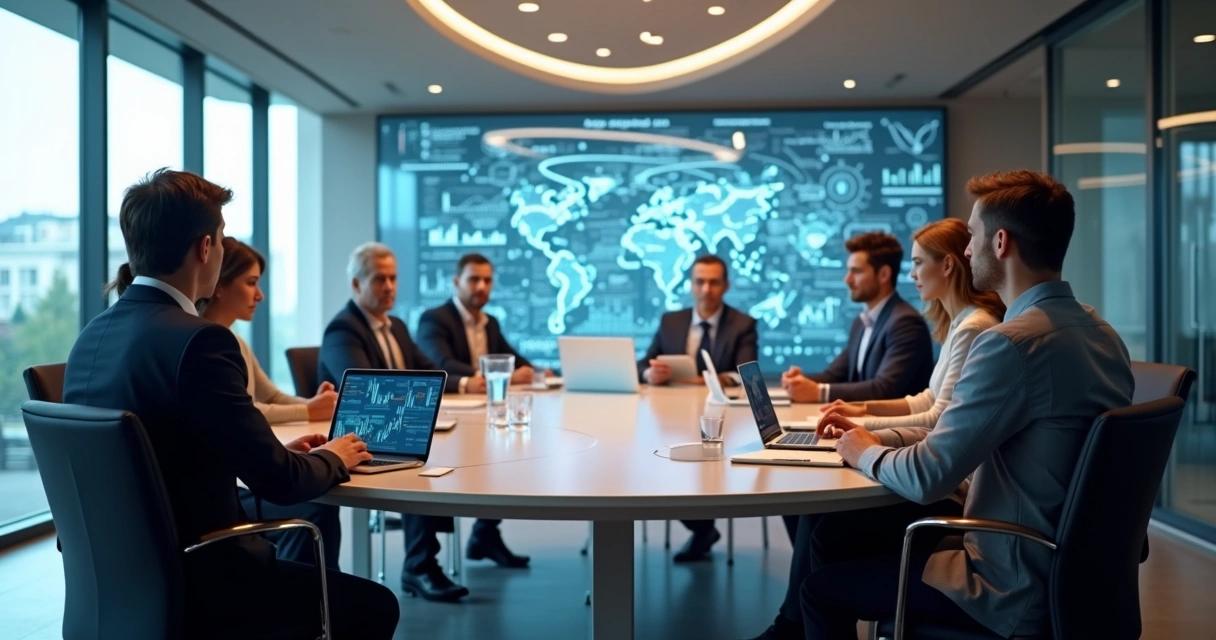 Equipe de diferentes setores ao redor de uma mesa conectada por gráficos digitais 