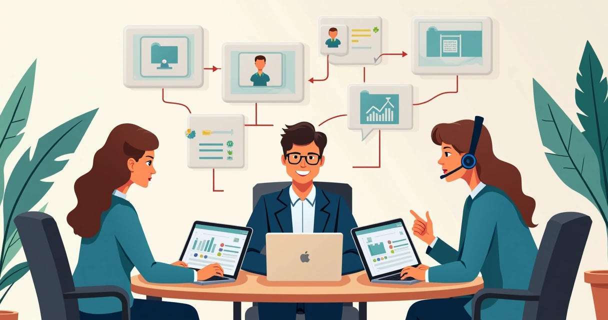 Equipes de marketing, vendas e atendimento ao cliente colaborando em uma loja virtual 