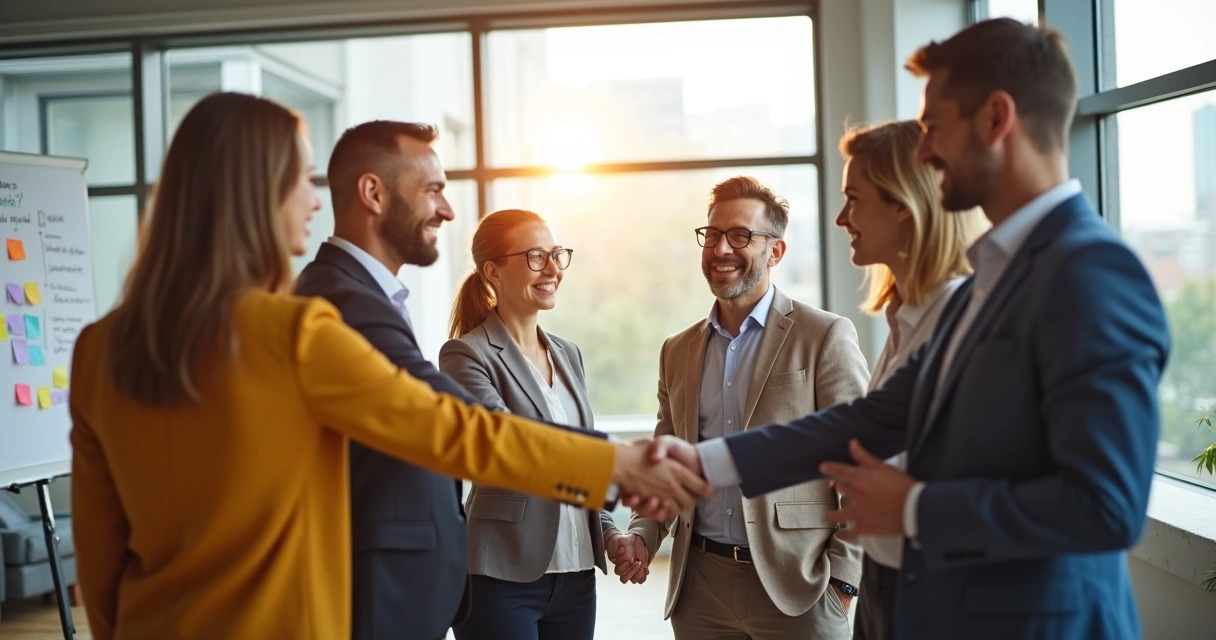 Colaboradores de duas equipes diferentes se cumprimentando em integração 