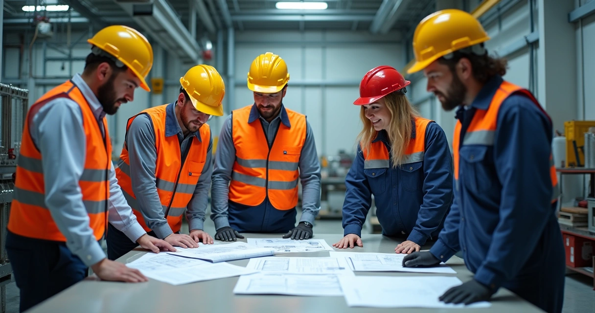 Equipes de manutenção e operação reunidas em planta industrial 