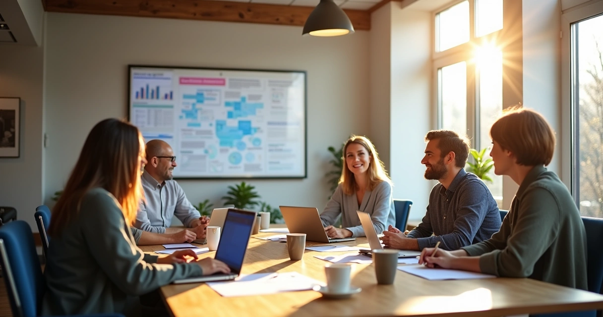 Marketing e atendimento reunidos em discussão animada na clínica 