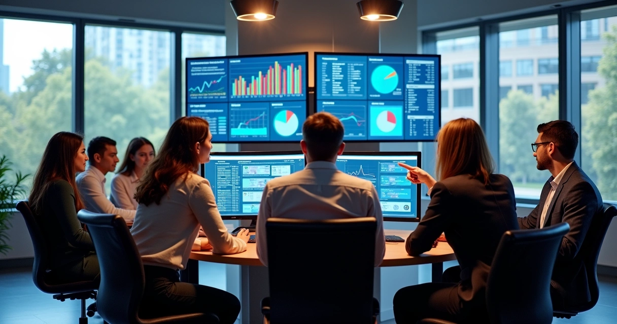 Equipe de marketing e vendas alinhadas em reunião, com telas exibindo dados e gráficos 
