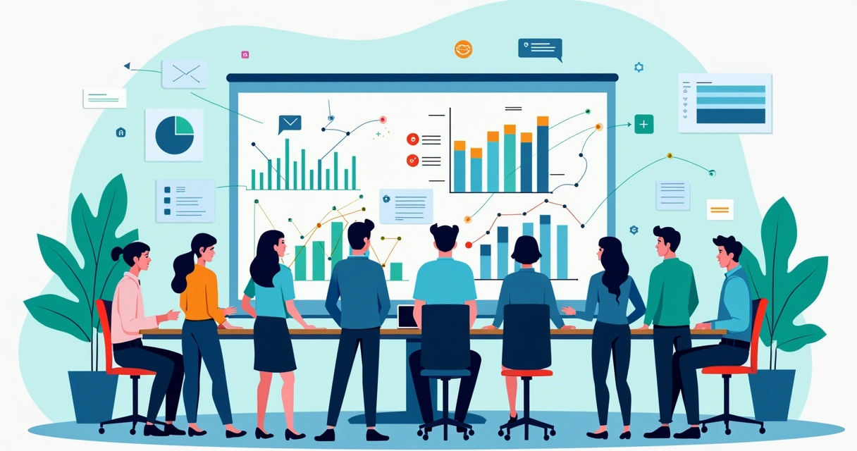 Equipe de marketing e vendas unida ao redor de uma grande tela com gráficos 