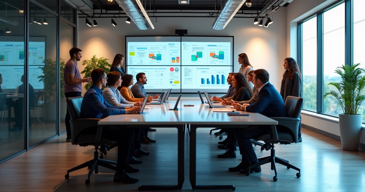 Equipe de marketing e vendas reunida em sala de reunião digital, discutindo gráficos e dados em telas 