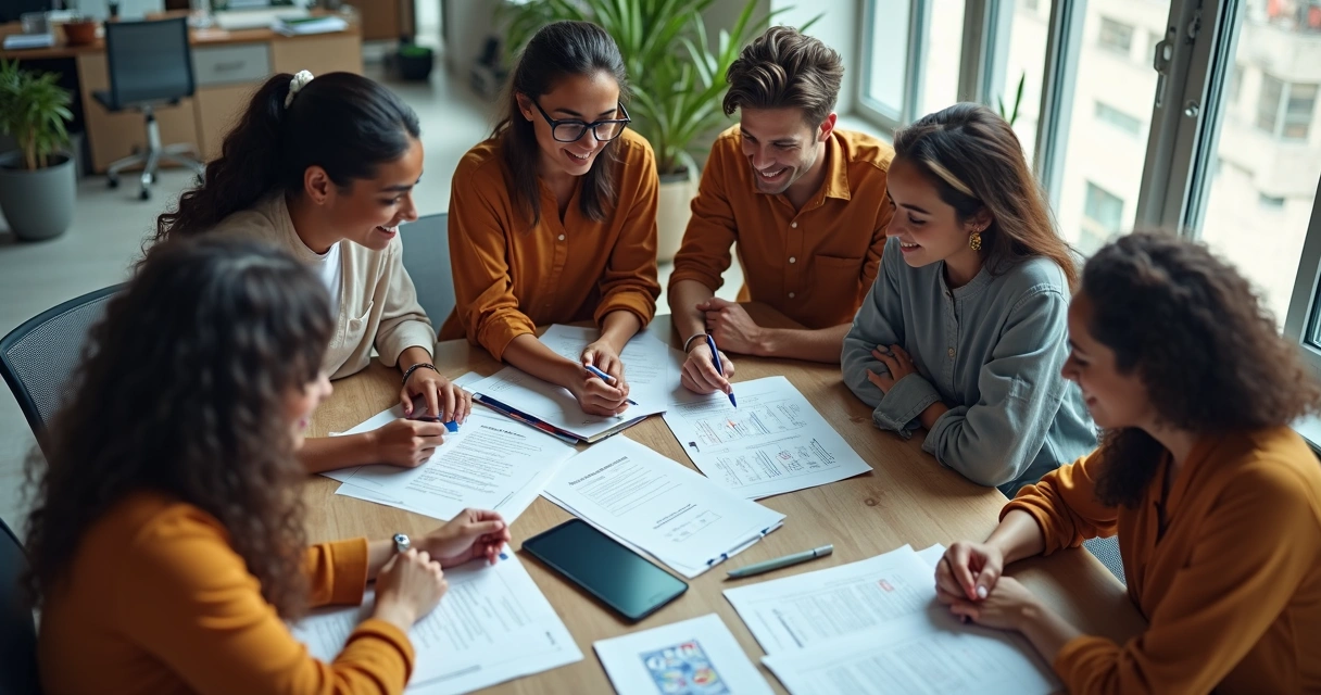 Pessoas de diferentes culturas em trabalho colaborativo em uma mesa de reunião 