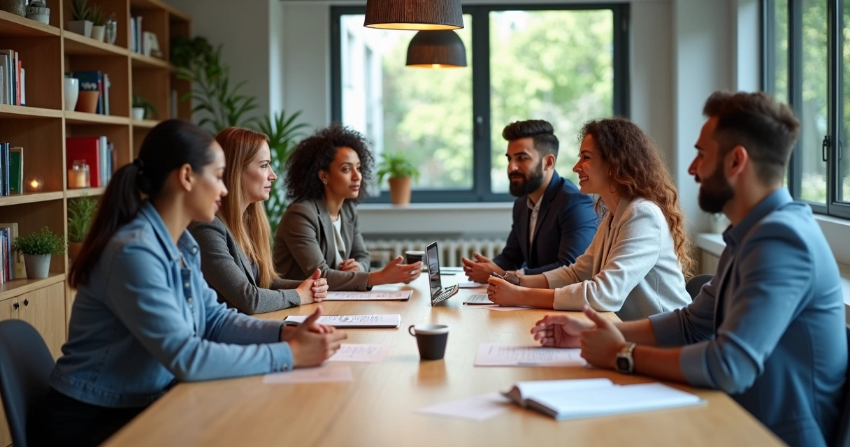 Equipe multicultural reunida em uma mesa de reunião discutindo ideias juntos
