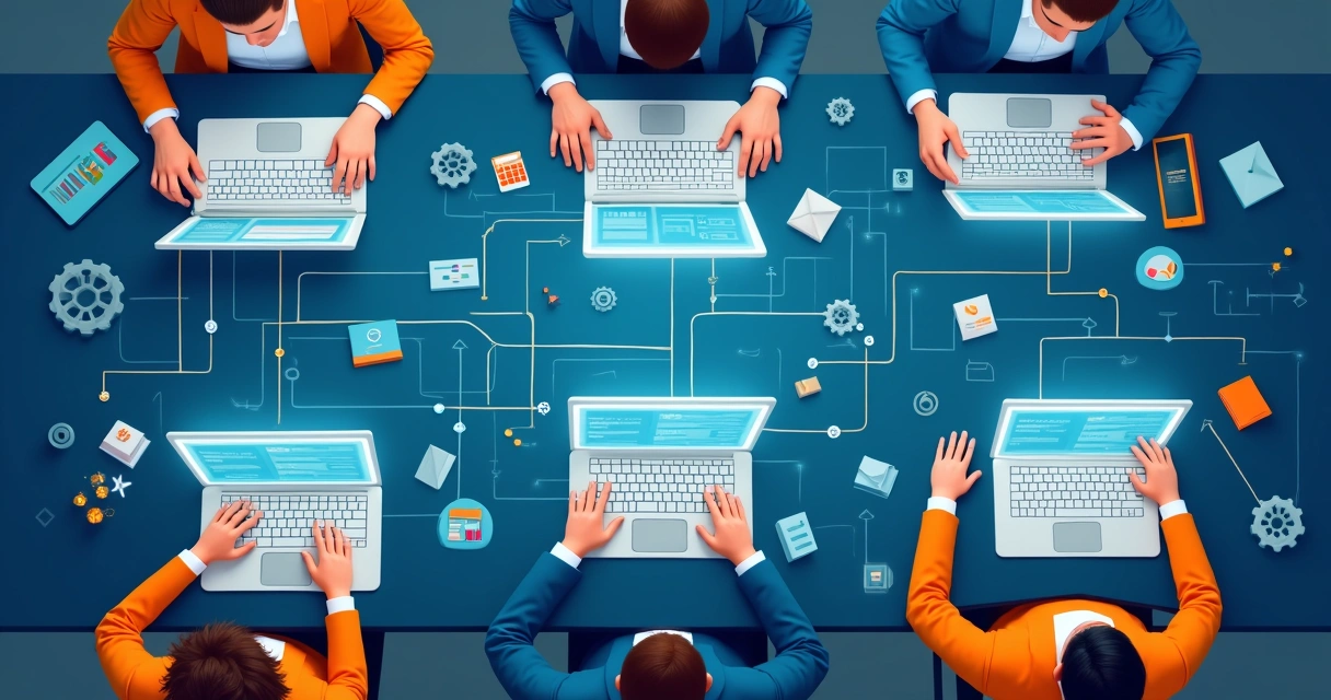 Pessoas conectando fluxos de trabalho em telas digitais 