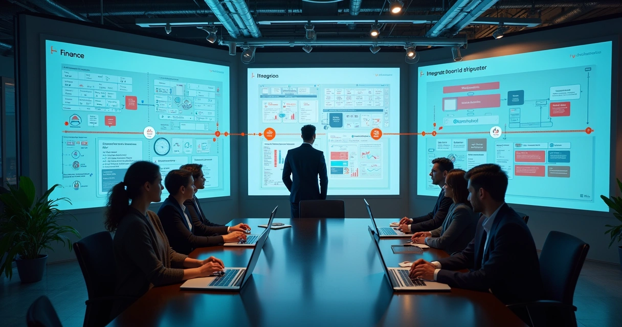 Gestores de diferentes áreas reunidos diante de múltiplas telas mostrando ERPs, CRMs e sistemas de atendimento. 