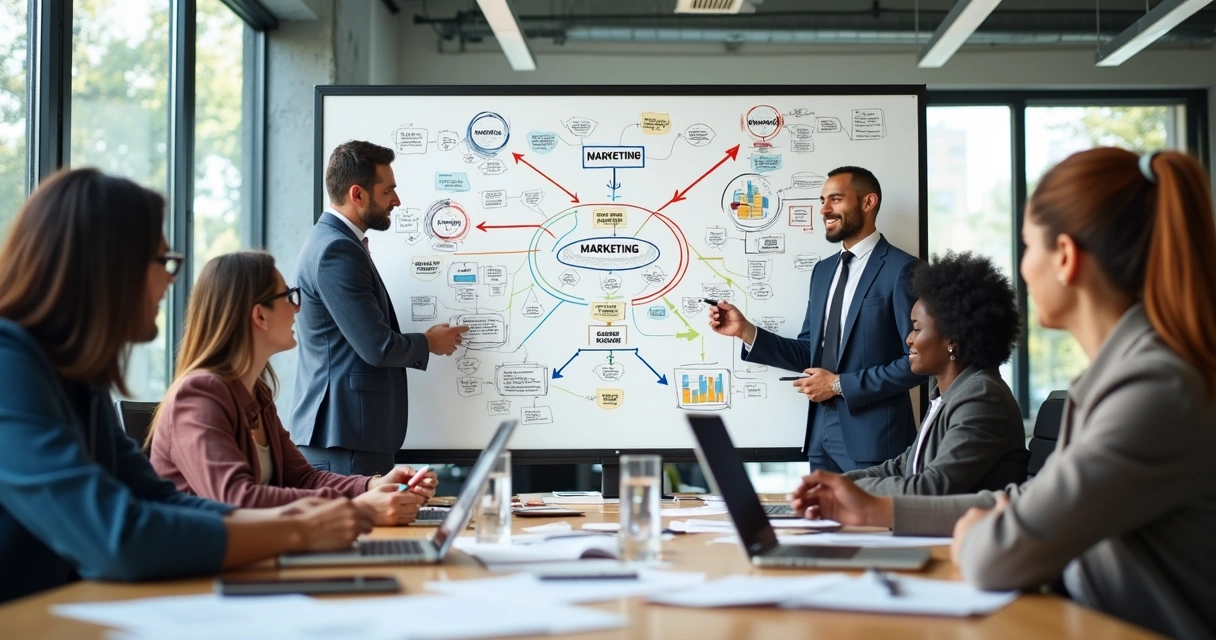 Equipe se reunindo em torno de quadro branco com fluxograma de vendas, marketing e pós-venda 