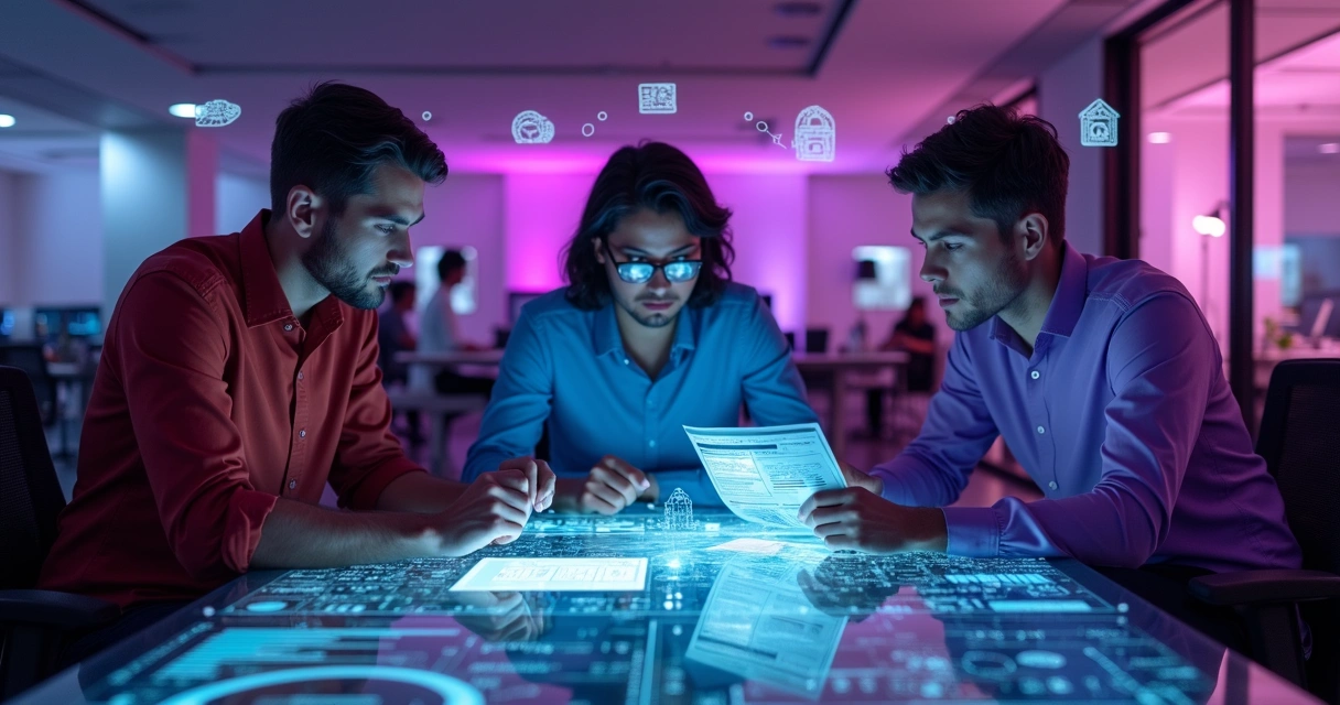 Profissionais de segurança trocando informações em ambiente de trabalho integrado 