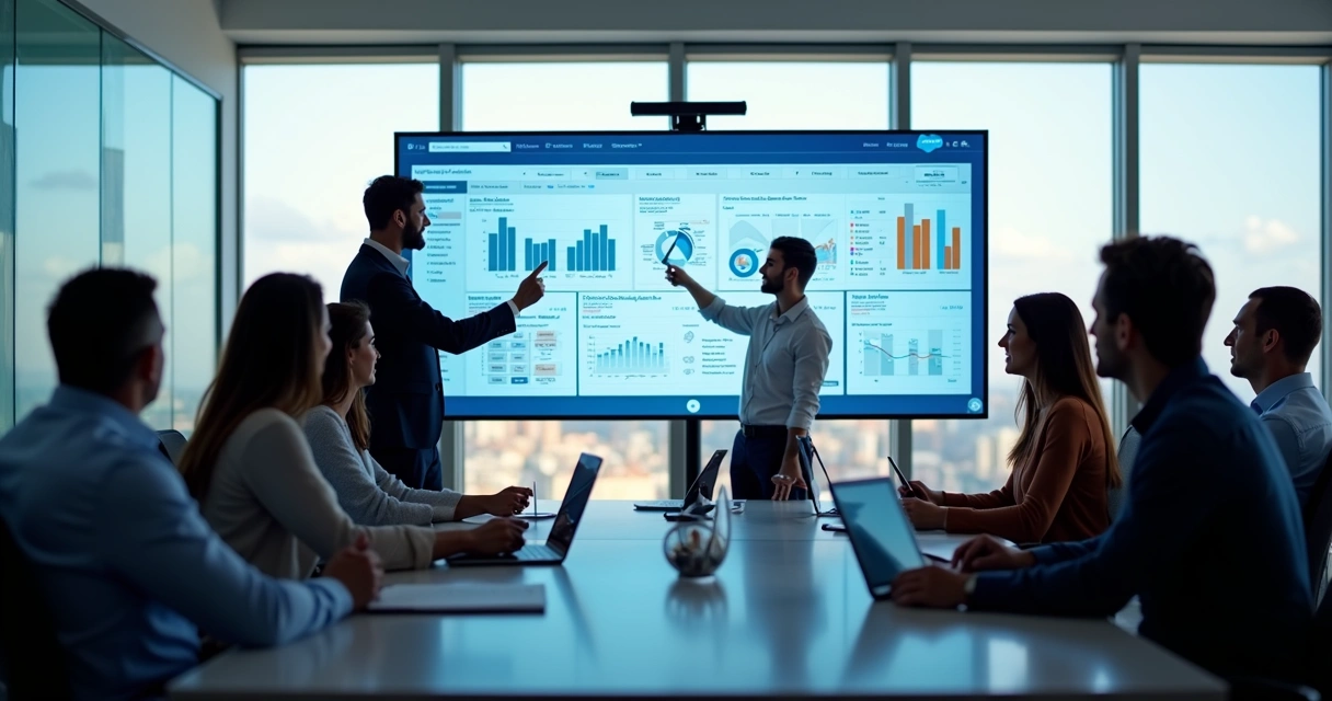 Equipes de vendas, marketing e suporte reunidas em frente a tela com Salesforce integrado 