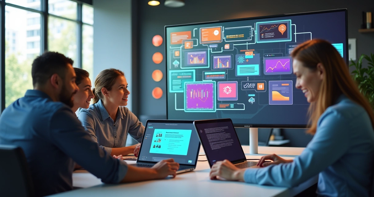 Equipe diversa colaborando com tecnologia digital em escritório moderno 