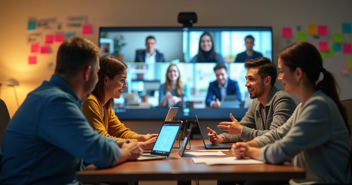 Equipe de tecnologia em ambiente remoto se conectando por videoconferência com post-its na parede ao fundo. 