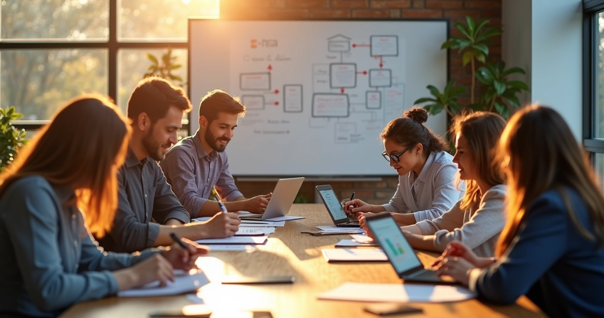 Equipe de vendas, marketing e pós-venda reunidas em mesa de reunião alinhando estratégias 