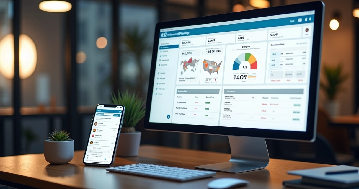 Painel de ERP mostrando integração bancária em tela de computador 