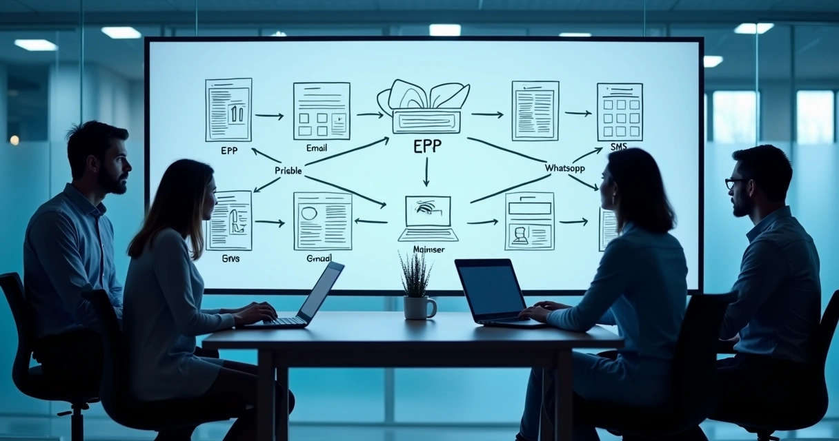 Equipe diante de painel integrando ERP, banco de dados e canais de comunicação 