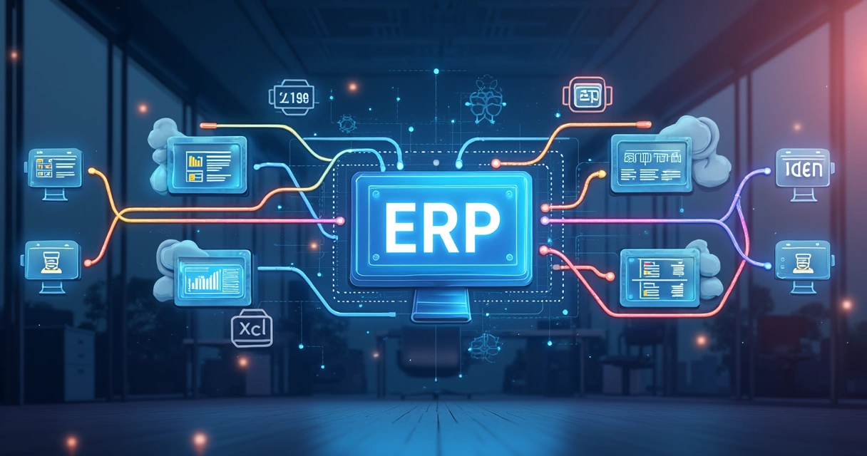 Ilustração de fluxos de dados entre ERP e sistemas personalizados via APIs 