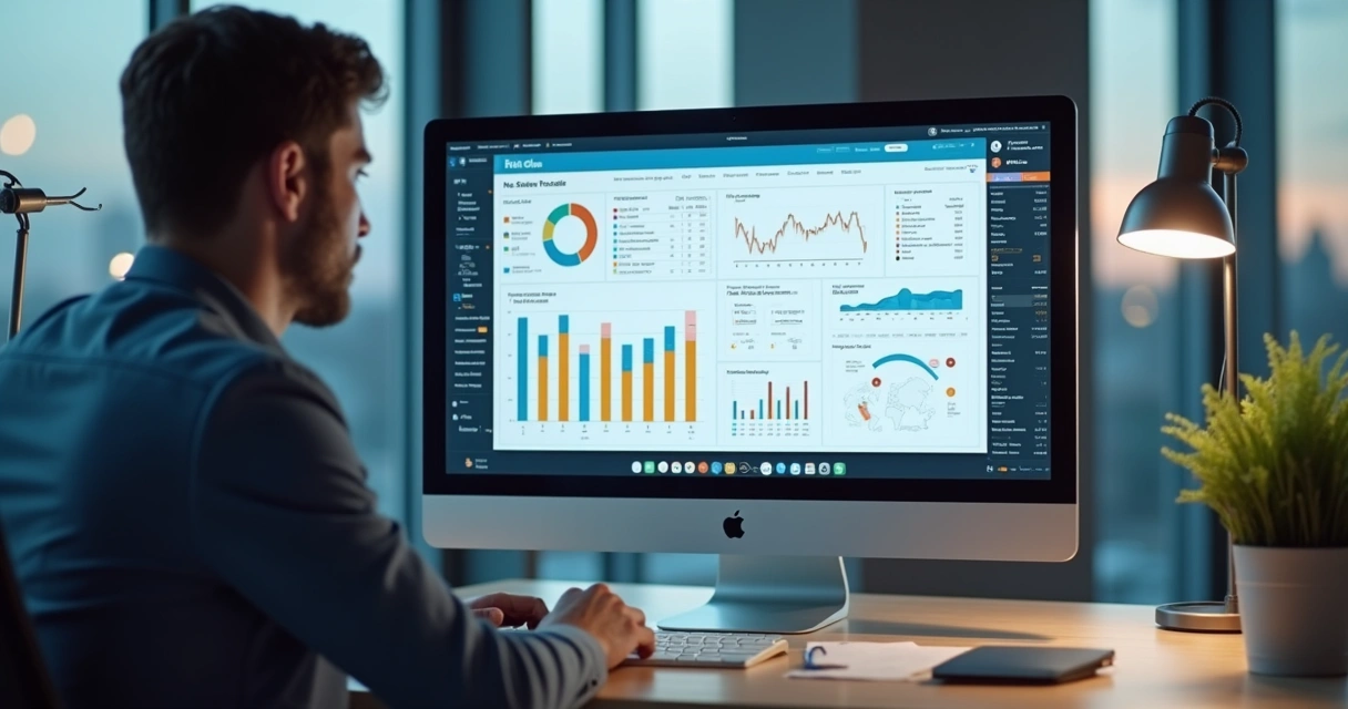 Dashboard de ERP integrado à contabilidade em tela de notebook com ícones de NF-e, gráficos de estoque e repasses de marketplaces