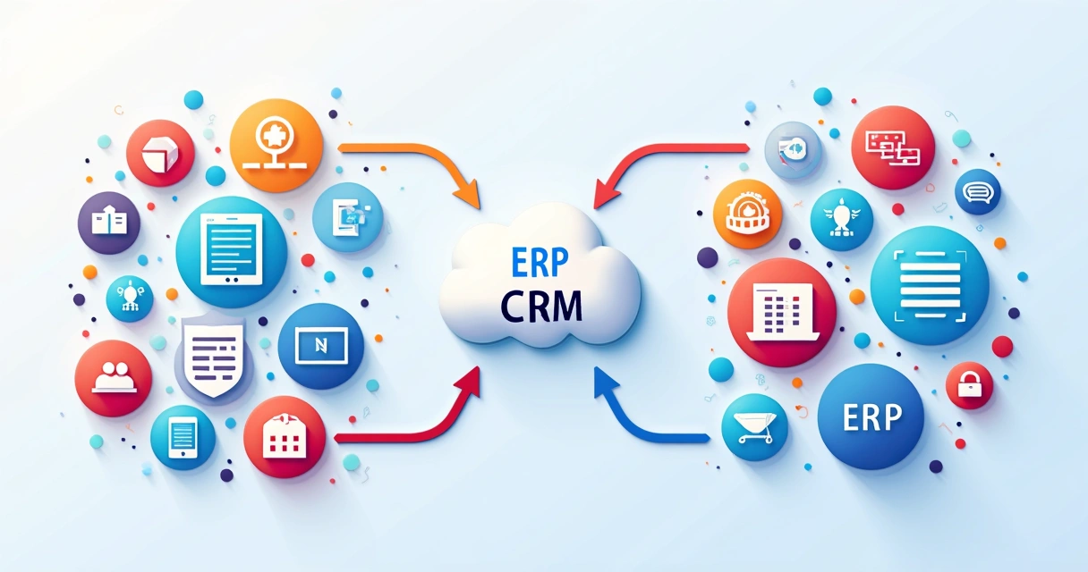 Fluxo de integração entre ERP e CRM com ícones coloridos 