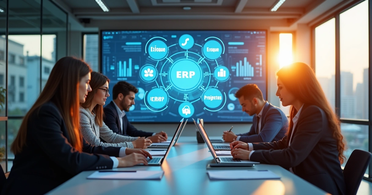 Equipe em volta de uma mesa interagindo com softwares integrados. 