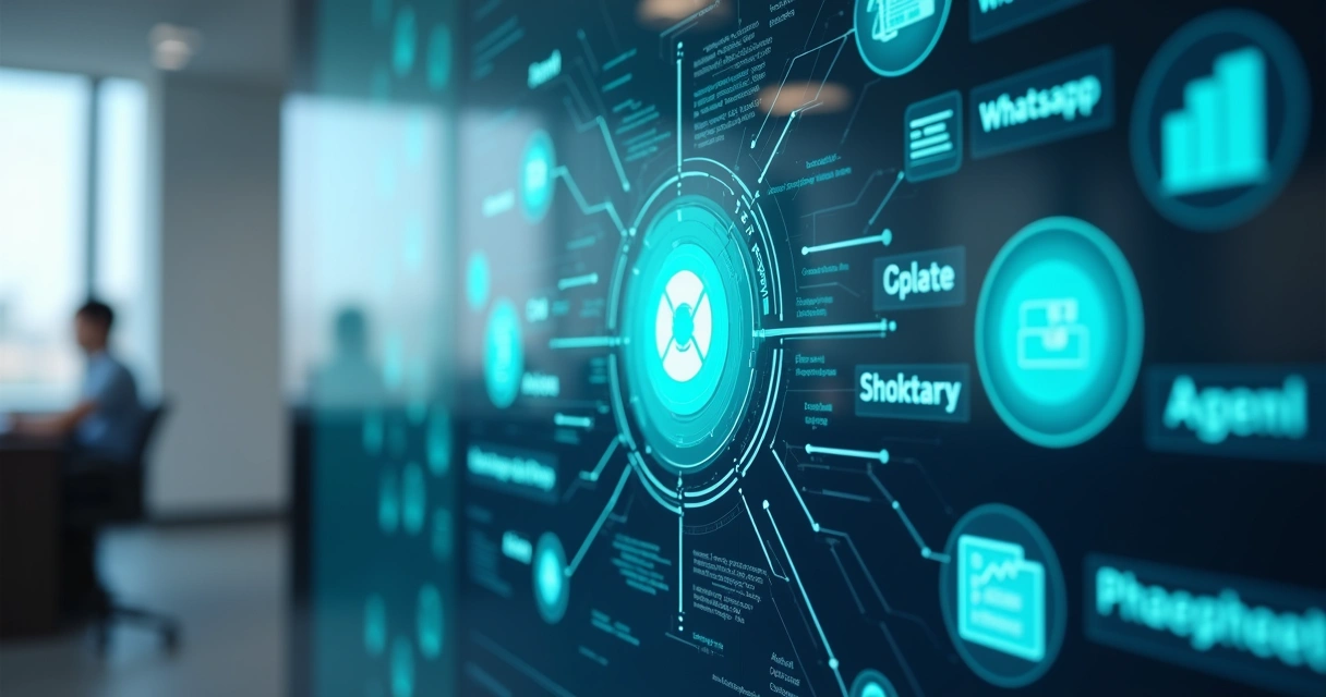 Fluxo de integração entre ERP, CRM e IA em tela corporativa
