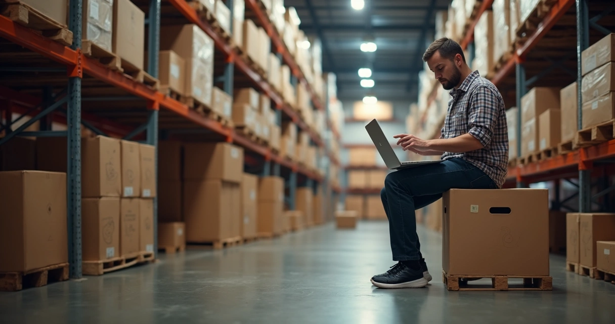 Funcionário de distribuidora conferindo estoque pelo notebook na prateleira 