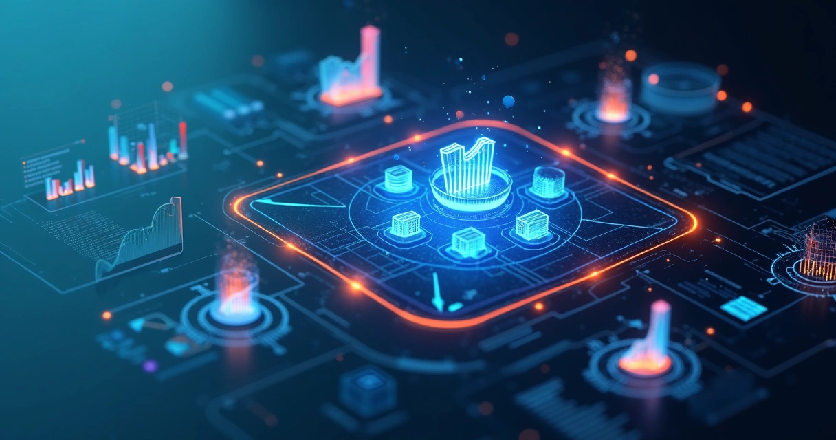Painel 3D de integração de ERPs e e-commerce com gráficos e ícones de marketplaces conectados 