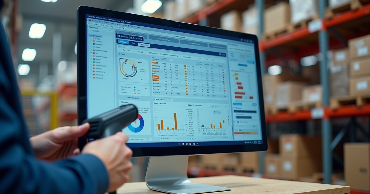 Painel de computador mostrando integração de sistemas de estoque e vendas