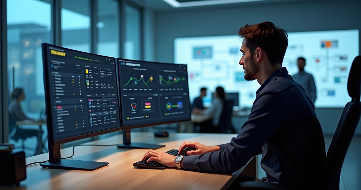 Gestor de e-commerce analisando painel de integrações ERP em múltiplas telas 