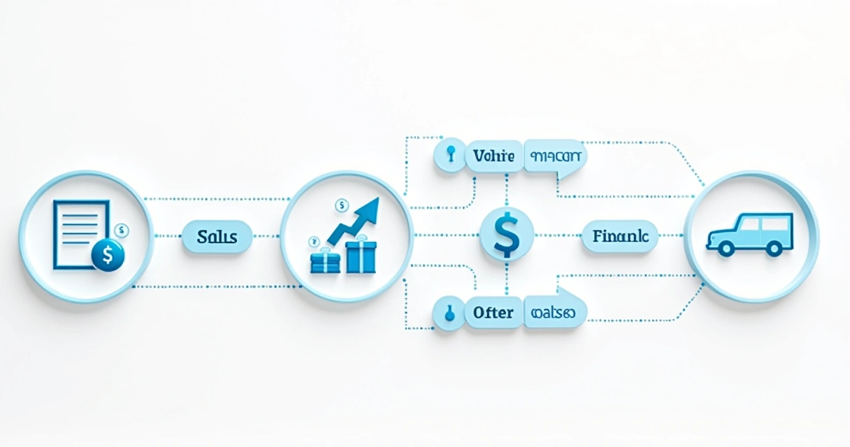 Ícones conectando vendas, estoque, financeiro e pós-venda em flowchart azul. 