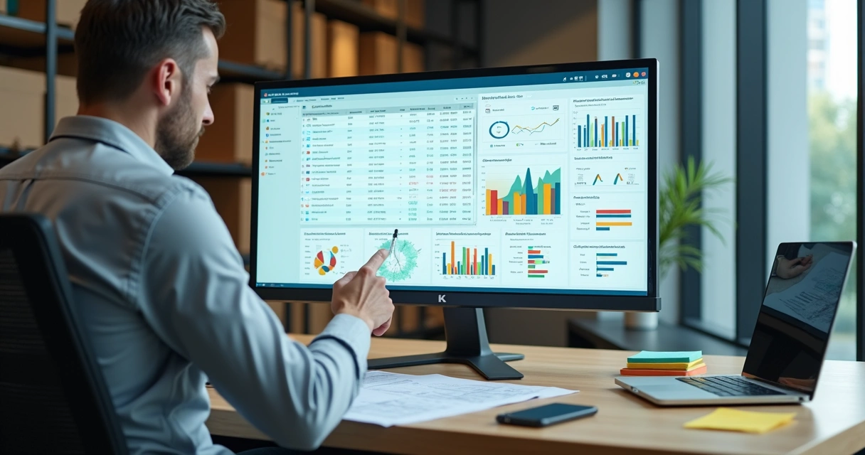 Gestor analisando painel de integração entre ERP e plataforma de estoque inteligente em escritório moderno 
