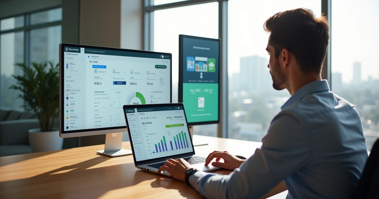Tela de ERP integrada com gateway de pagamento em ambiente corporativo moderno 