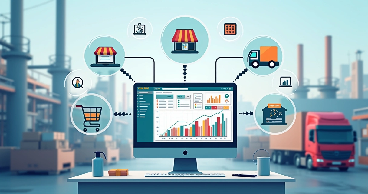 Ilustração de integração entre ERP, loja virtual e marketplaces 