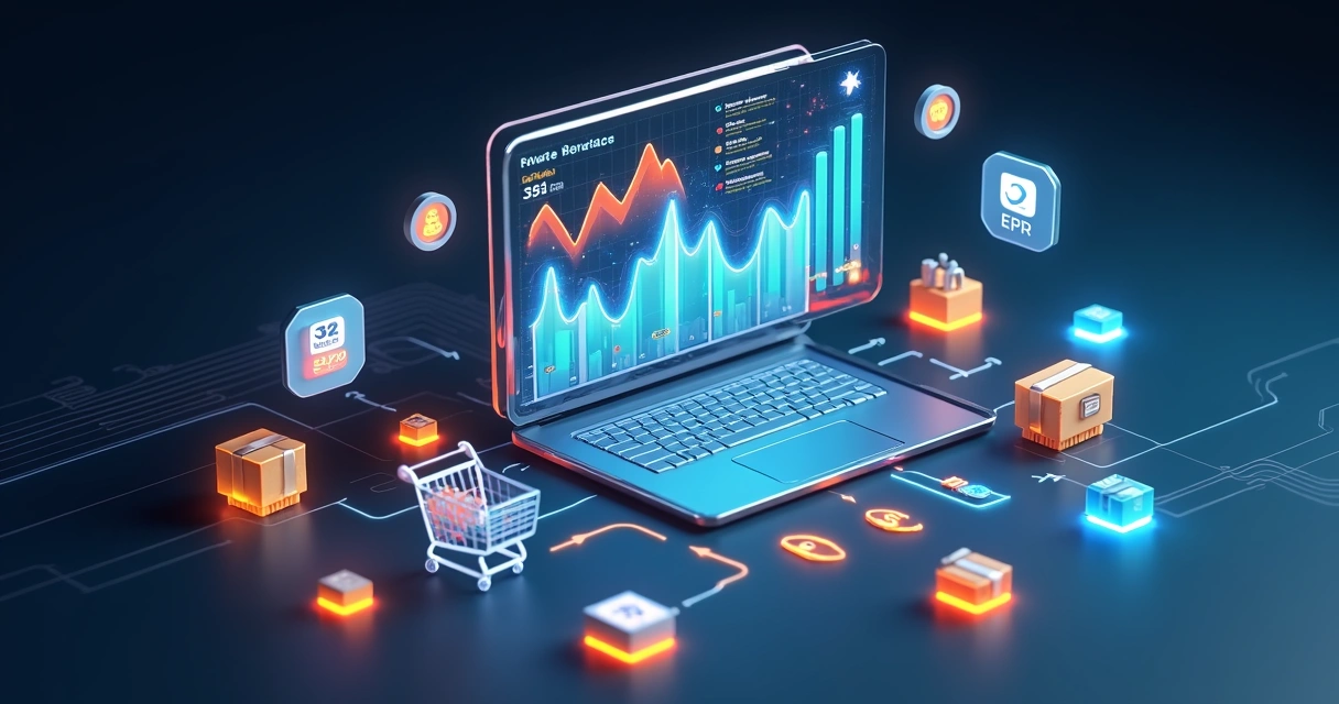 Painel 3D mostrando integração entre ERP e marketplaces com gráficos de desempenho e ícones de e-commerce 