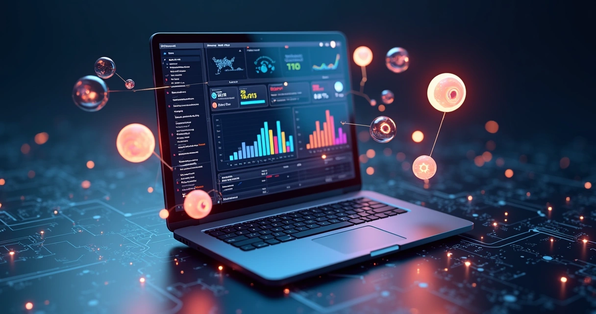 Modelo 3D de painel digital integrando sistemas ERP e marketplaces com gráficos coloridos e conexões visuais