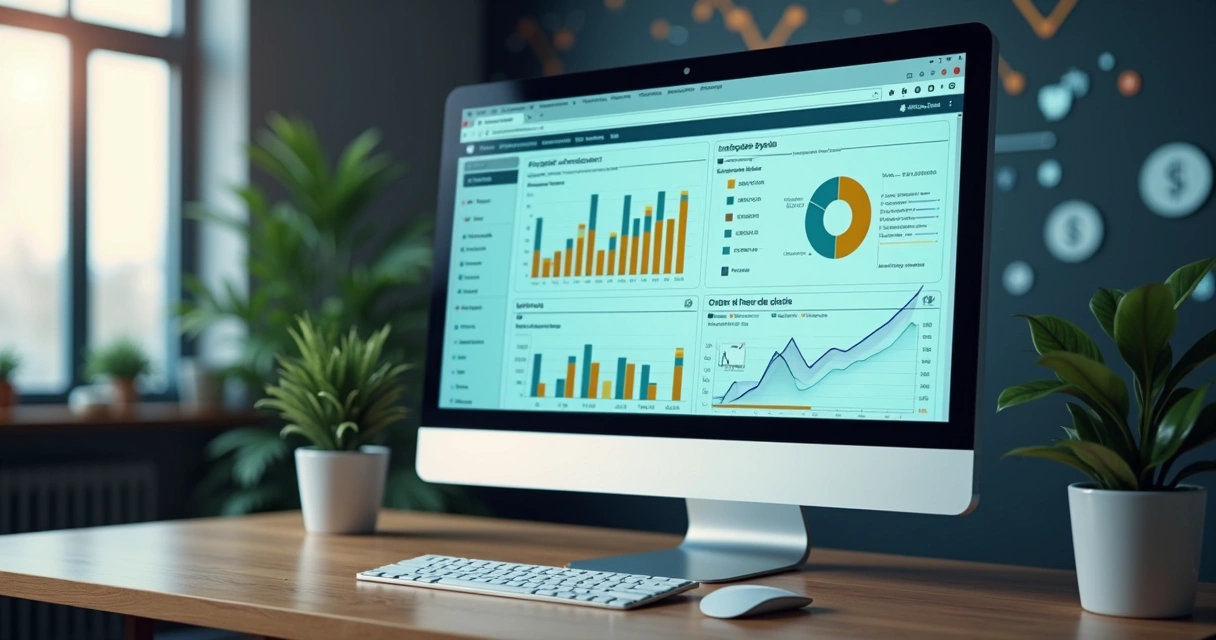 Tela de computador exibindo sistema ERP integrado ao Mercado Livre com gráficos de vendas e controle de estoque 
