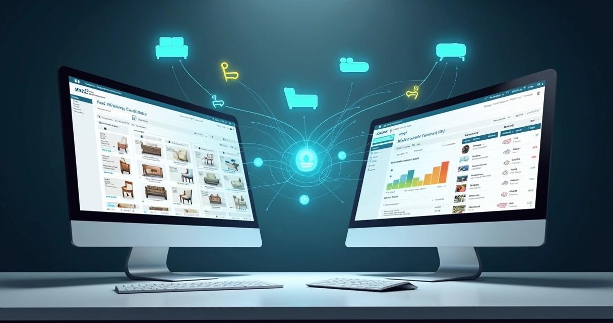 Painéis de integração de ERP e ecommerce com móveis estilizados na tela 