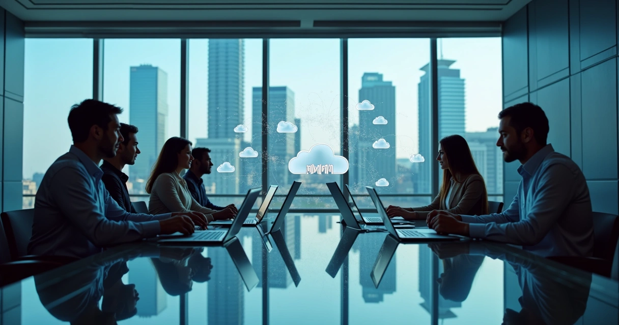 Equipe de colaboradores utilizando sistemas em nuvem em um escritório moderno, atrás de mesas com notebooks e tablets 