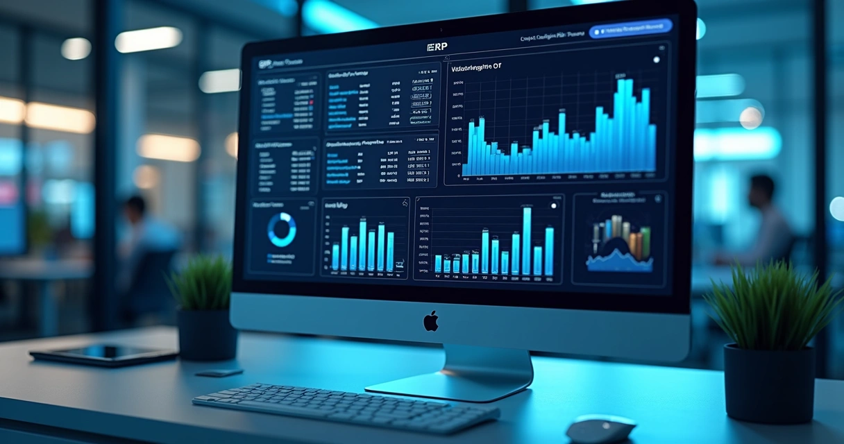 Tela de computador exibindo integração de ERP com Tray, mostrando gráficos de estoque unificado e vendas em painéis digitais com interface moderna e iluminação azul 