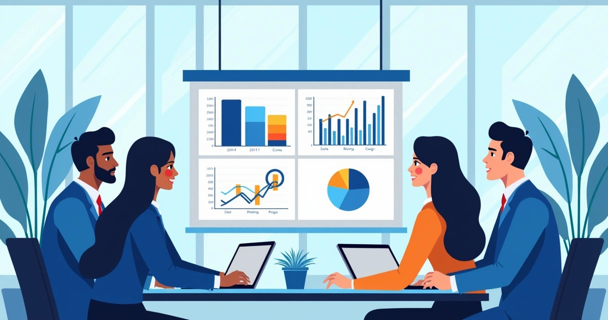 Equipe de escritório contábil em reunião, com telão mostrando dashboard de integração 