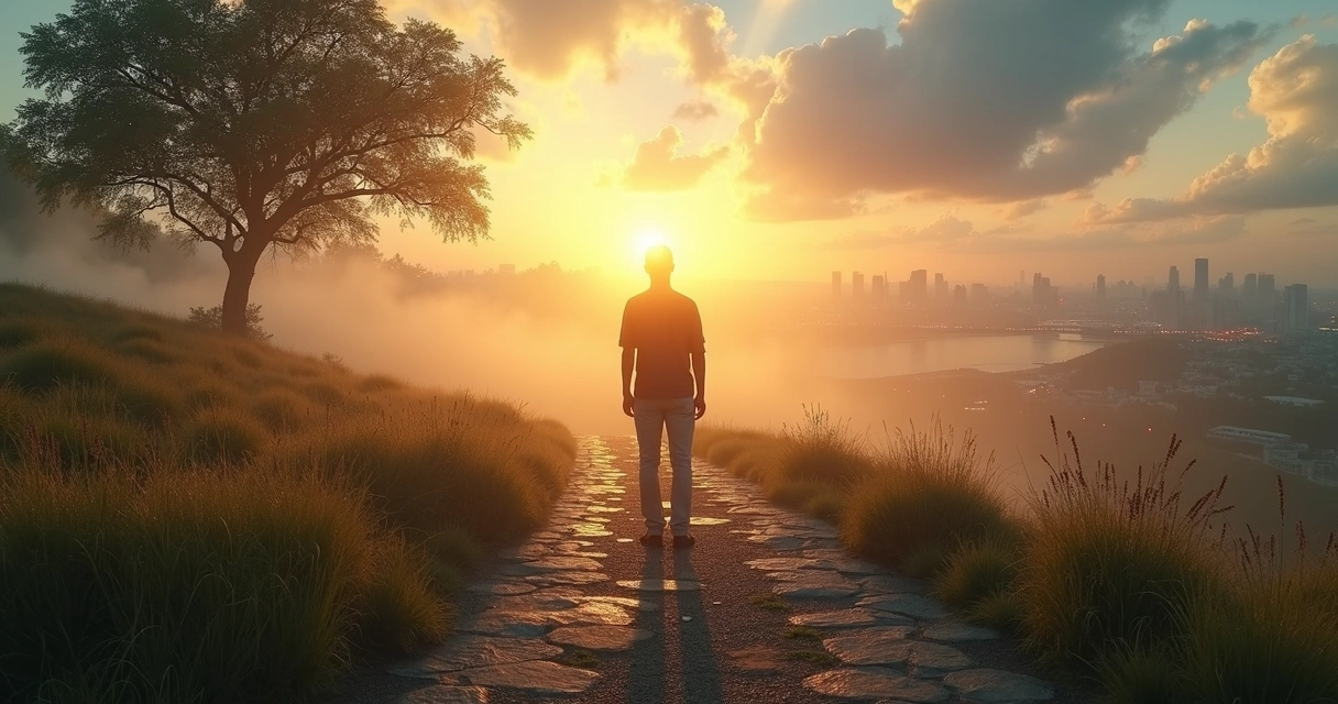 Pessoa em encruzilhada entre luz interior e cidade ao fundo 