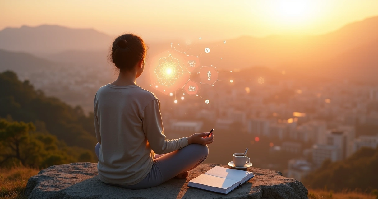 Pessoa refletindo ao pôr do sol com caderno de metas e símbolo de conexão interior 