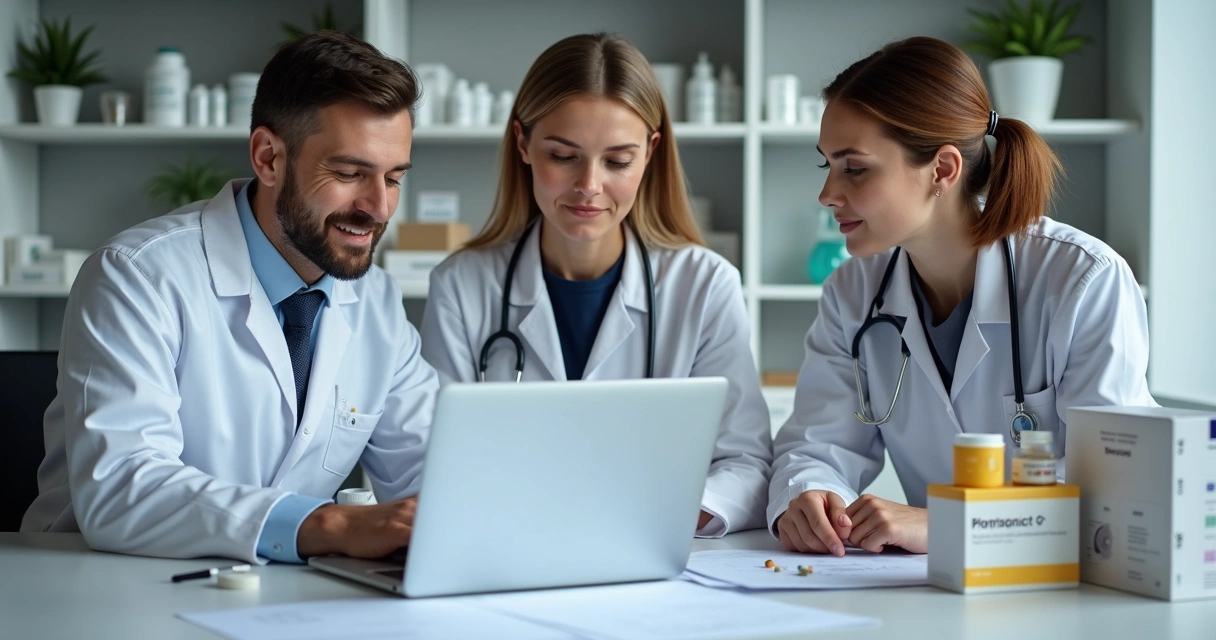 Equipe de farmácia analisando dados integrados de estoque e vendas 