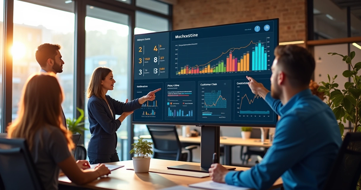 Equipe analisando dashboard de integrações de estoque em um escritório moderno 