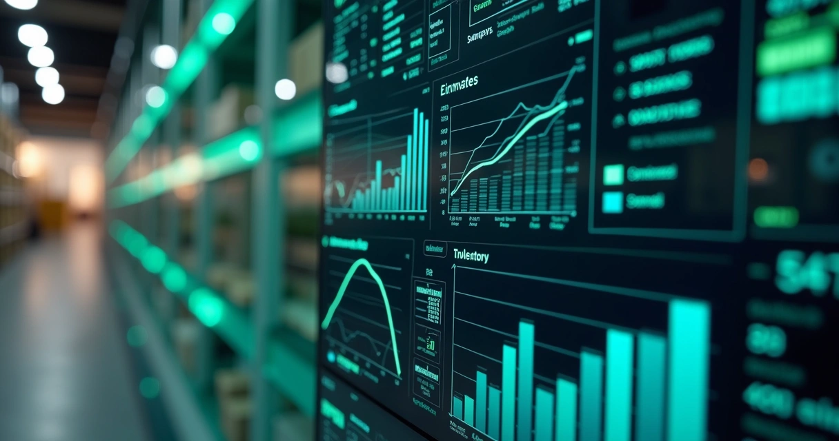 Gráficos de estoque e vendas integrados em painel digital com IA 
