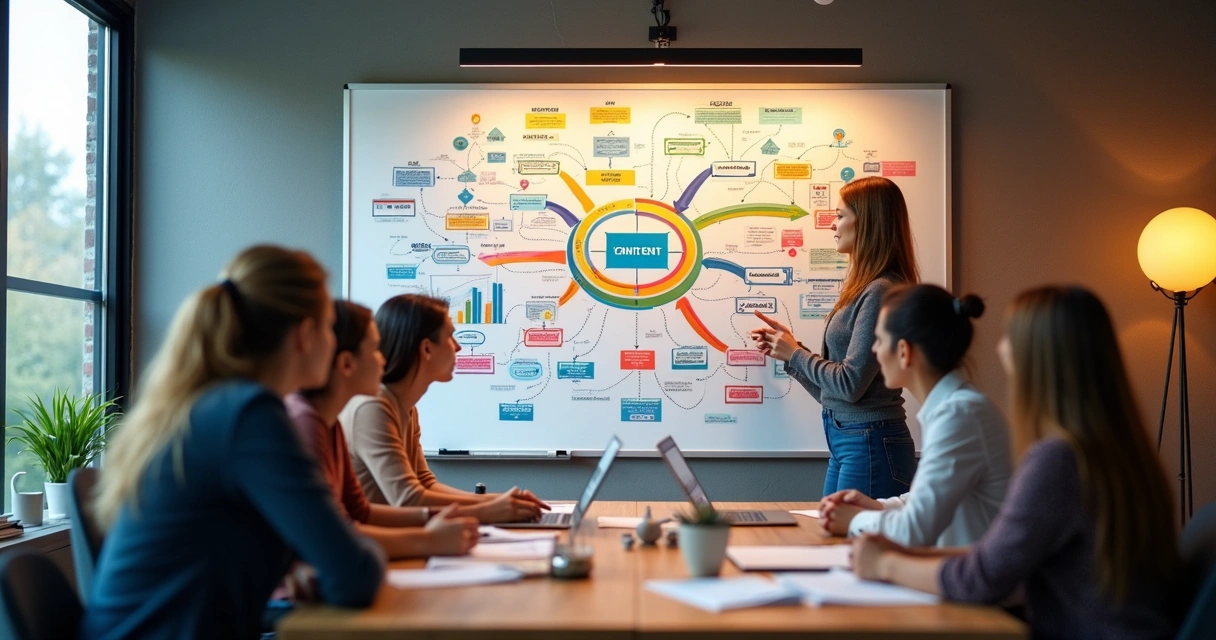 Equipe trabalhando em quadro branco com mapas mentais de conteúdo, design e métricas 