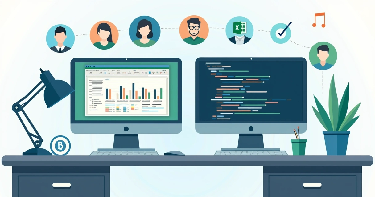 Ilustração corporativa flat mostrando integração entre Excel e SQL com telas de computador exibindo dashboards e tabelas para relatórios de RH 