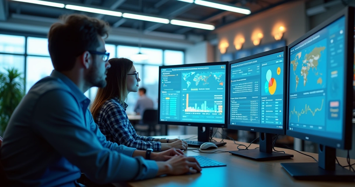 Equipe monitorando experiência do cliente em telas de computador 