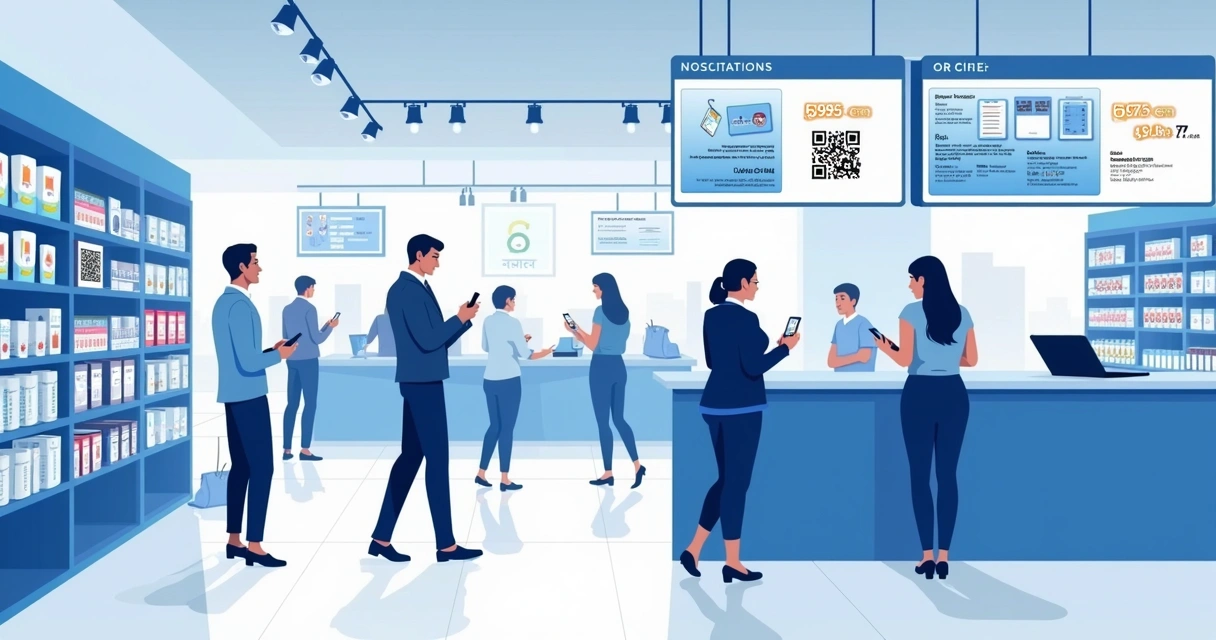 Clientes usando celular na loja física, visível interação digital e presencial